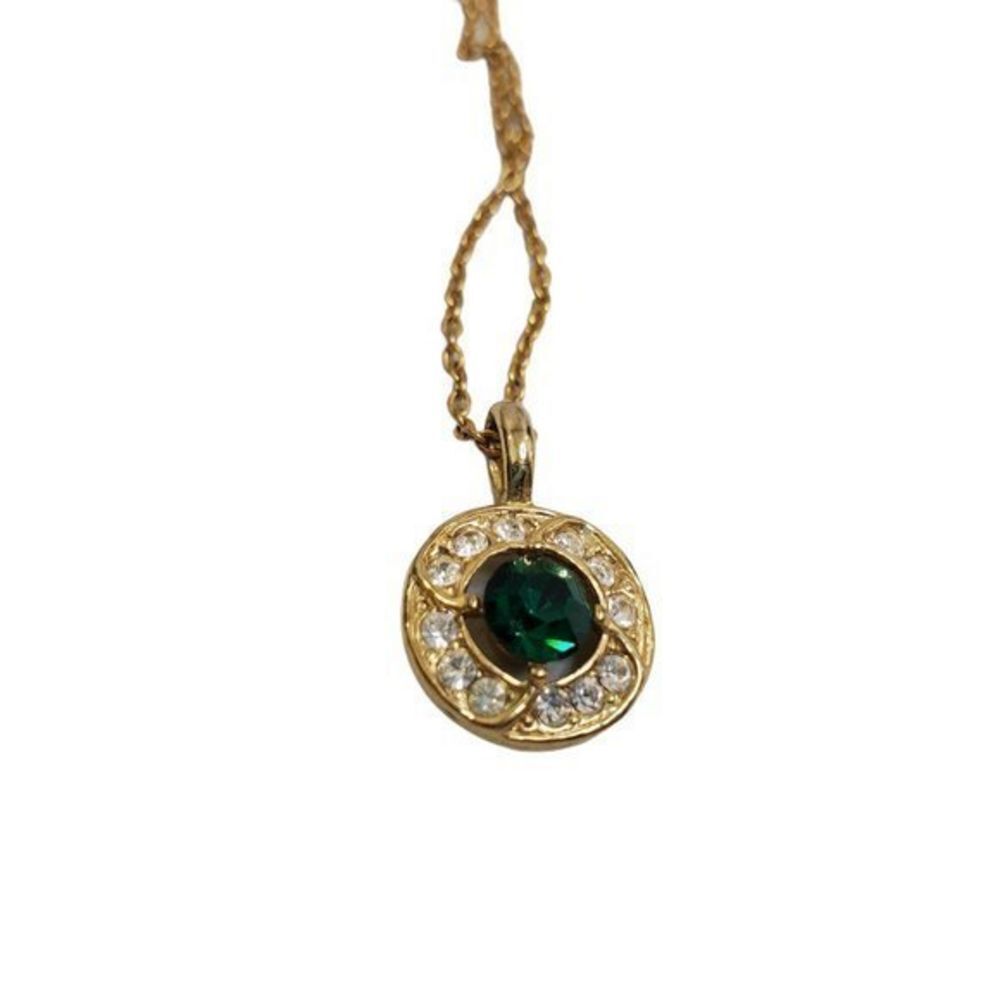 Green Rhinestone‎ Necklace Circle Gold Tone Pendant